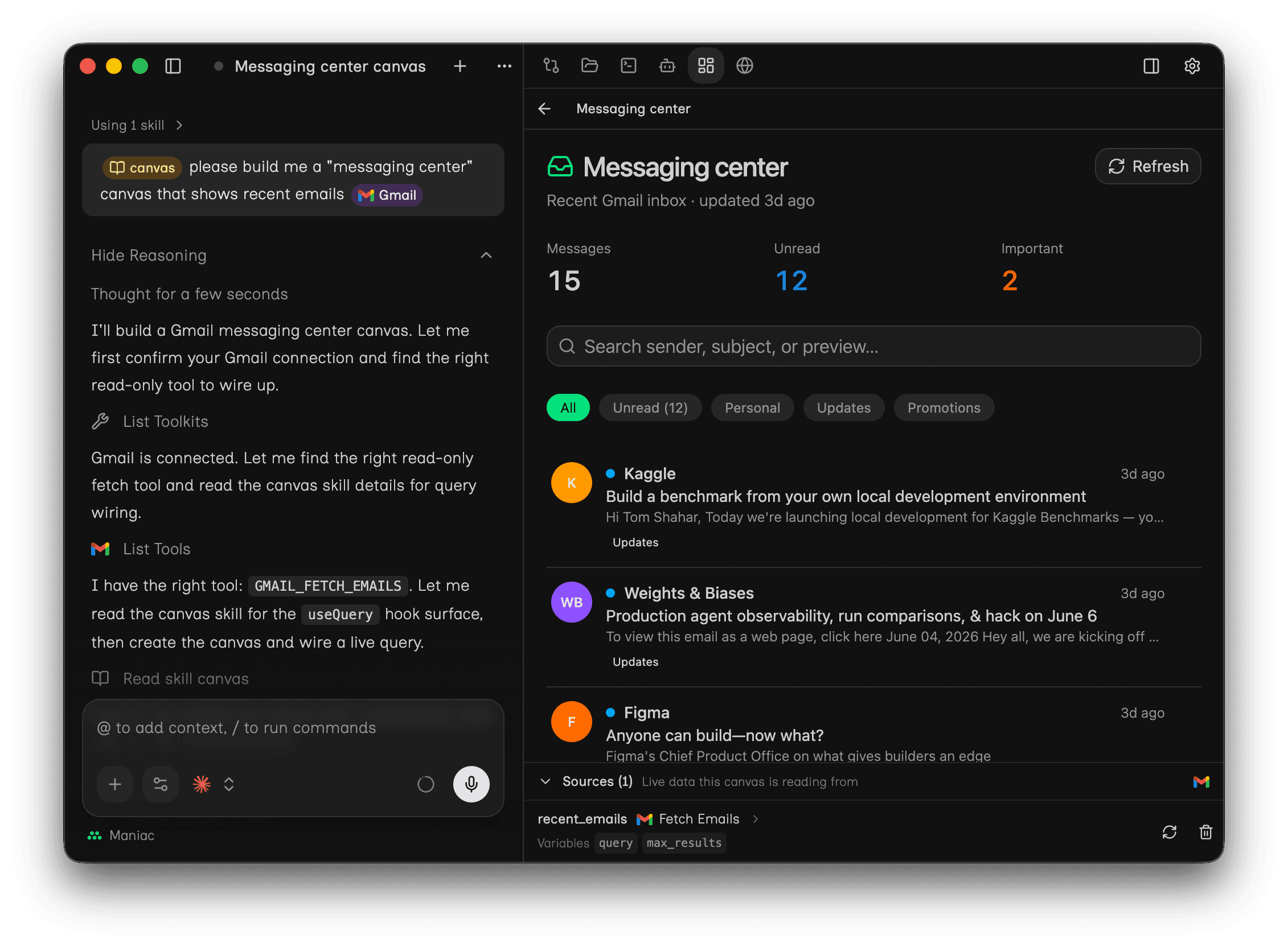 The Mach Studio desktop app showing a live interactive canvas rendered beside a chat conversation.