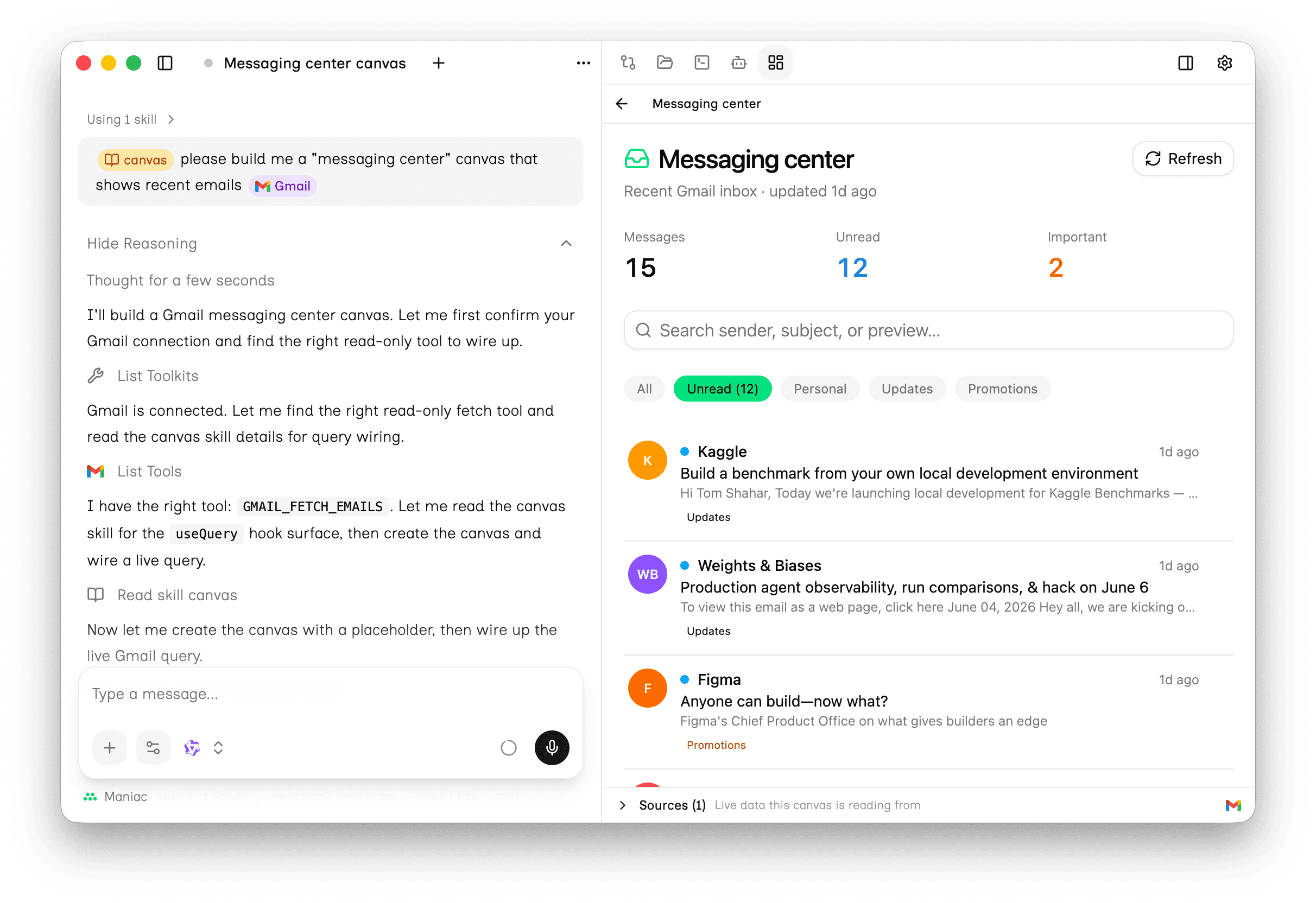 The Mach Studio desktop app showing a live interactive canvas rendered beside a chat conversation.