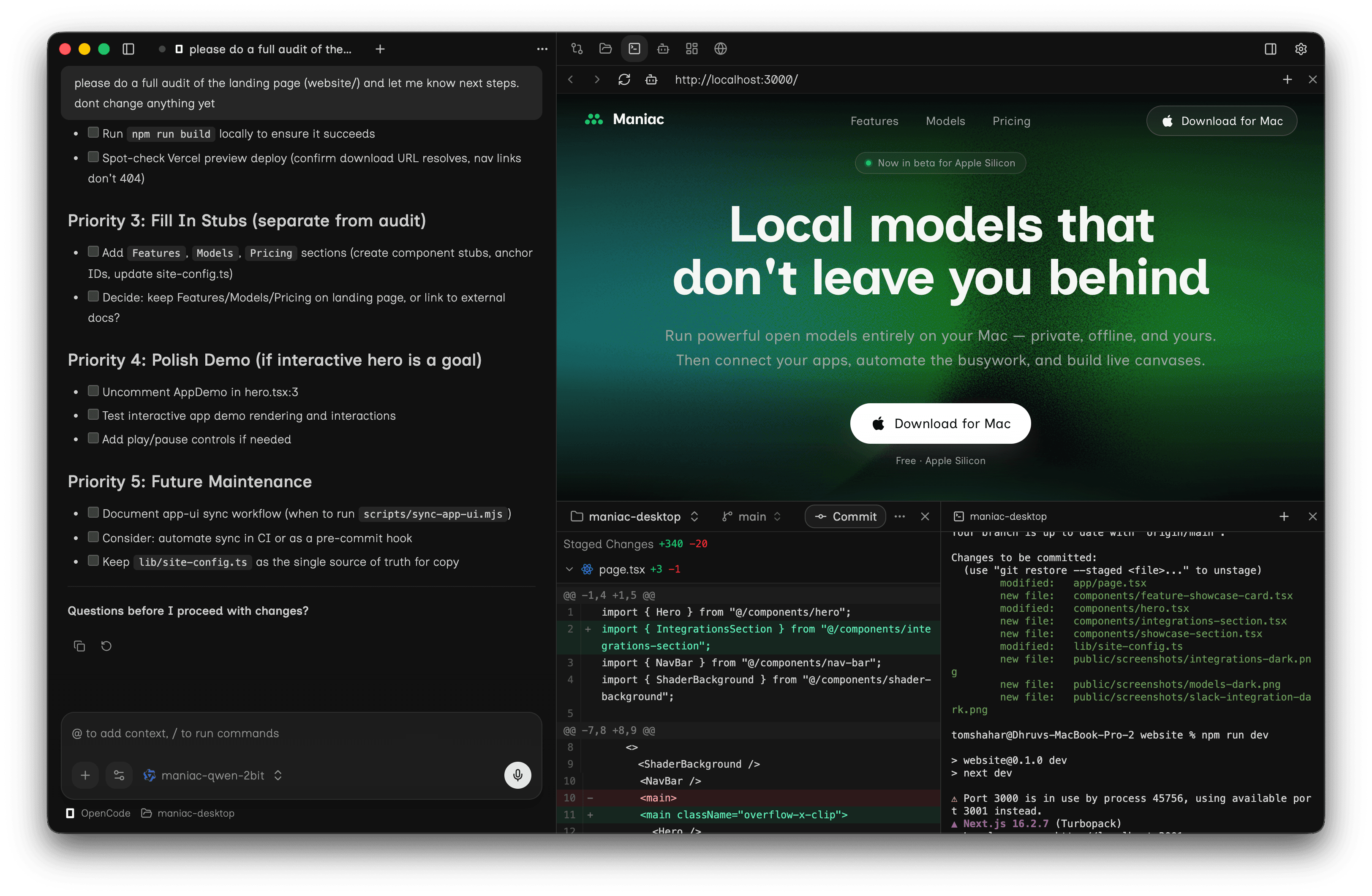 The Mach Studio desktop app running coding agents like Opencode, Codex, Claude Code, Hermes, Openclaw, Cursor, and Pi against local models.