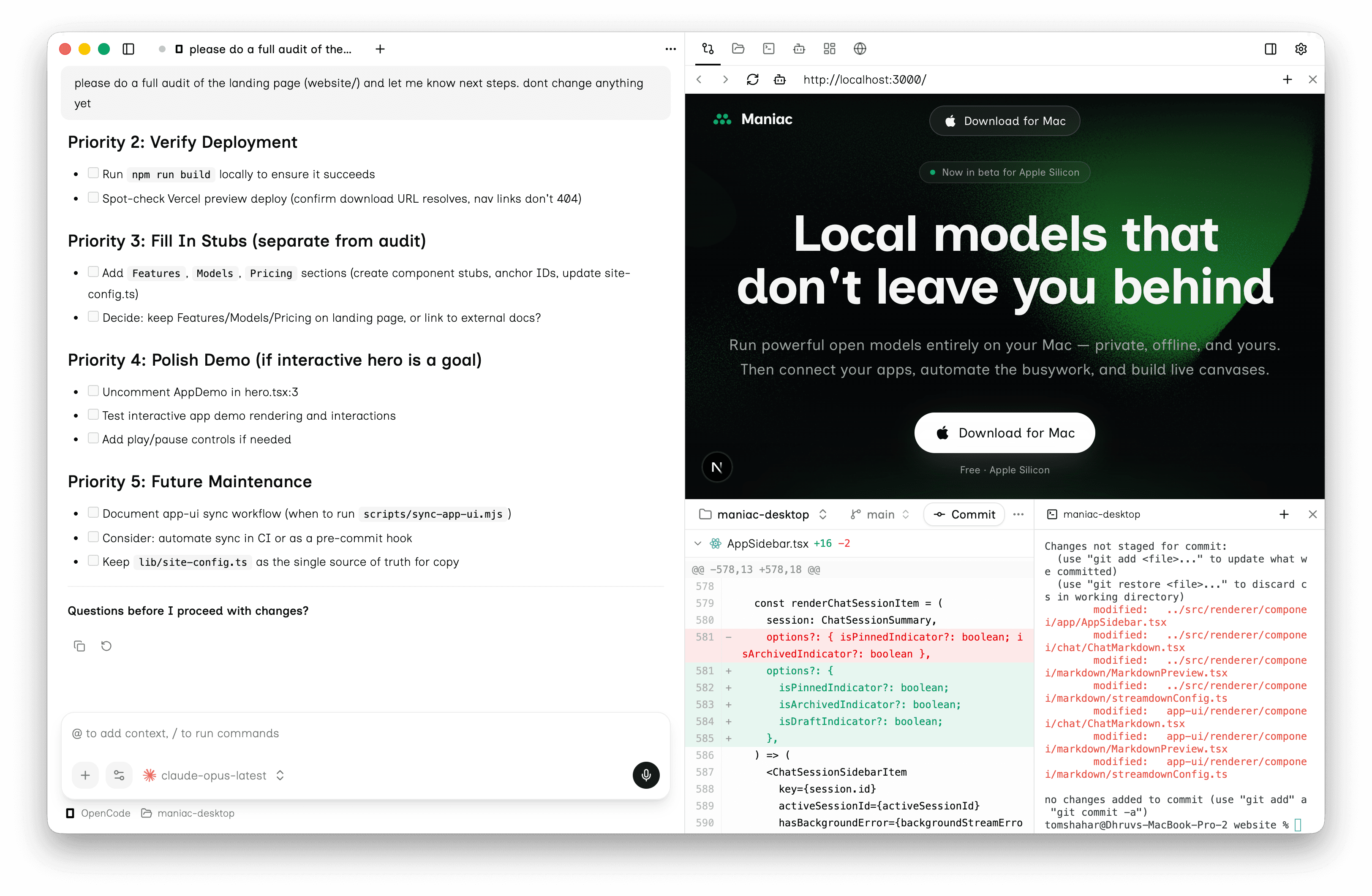 Mach Studio running an OpenCode coding-agent session against a local model.