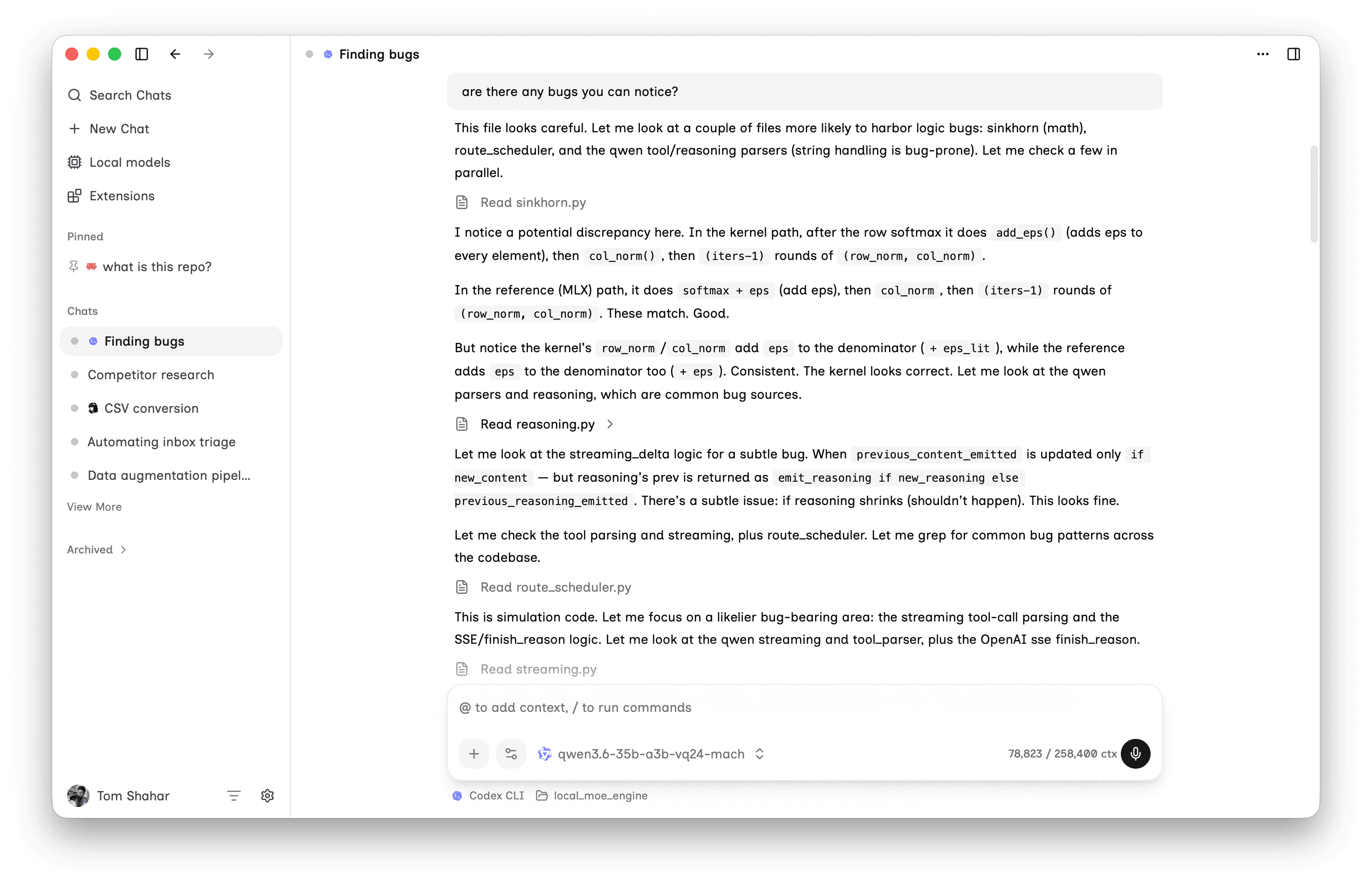 The Mach Studio desktop app running a long agent task on a local model.